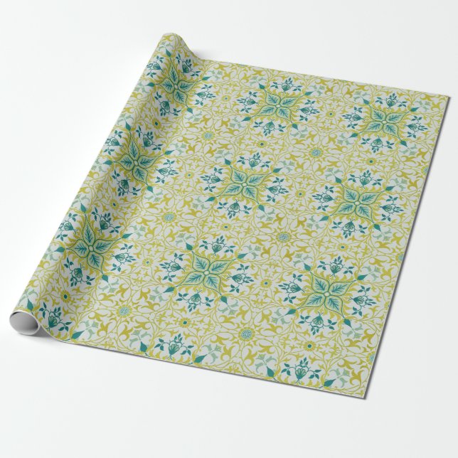 Morris Yellow Turquoise Vine & Flower Pattern Presentpapper (Utrullad)