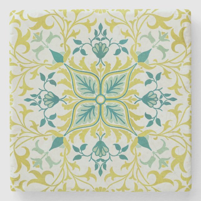 Morris Yellow Turquoise Vine & Flower Pattern Stenunderlägg (Framsidan)