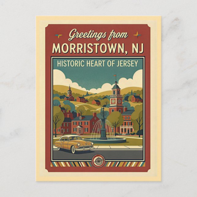Morristown NJ Retro Travel 1950s Style Vykort (Framsida)