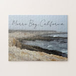 Morro Bay California Ocean Photography Pussel<br><div class="desc">A foggy overcast day in Morro Bay California with the ocean waves hitting the rocks on the shore in this beach photograph souvenir. This seaside travel photo keepsake puzzle gift features black cursive script above the beach rocks and grey sky.</div>