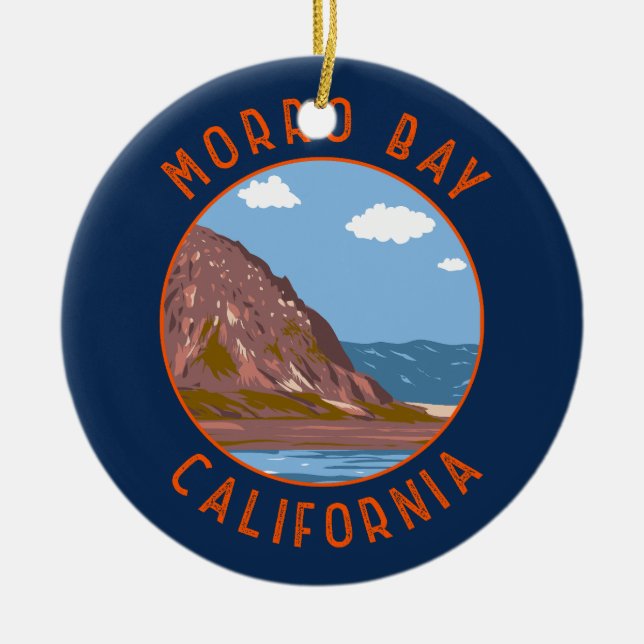 Morro Bay California Retro Distress Circle Julgransprydnad Keramik (Framsidan)