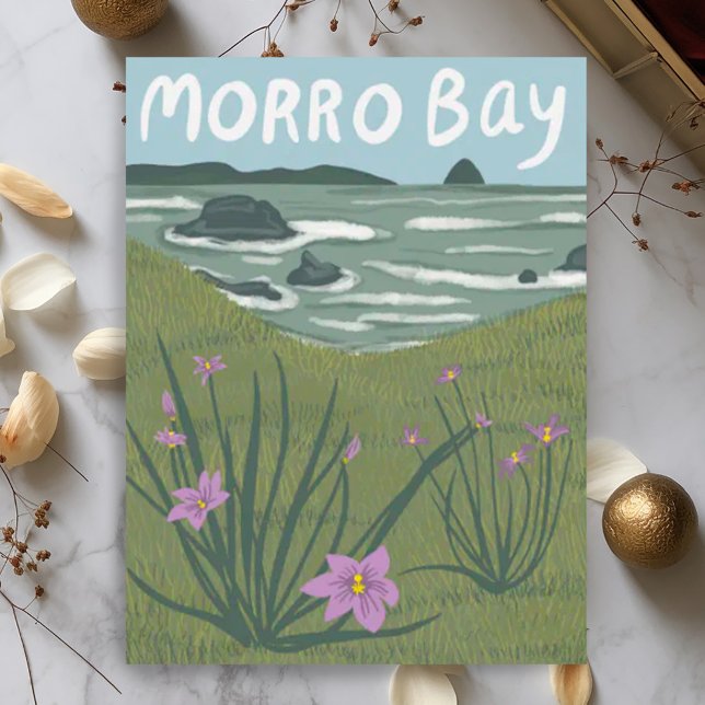 Morro Bay Central California Illustration Beach P Vykort (Morro Bay wildflowers ocean travel postcard illustration custom.)