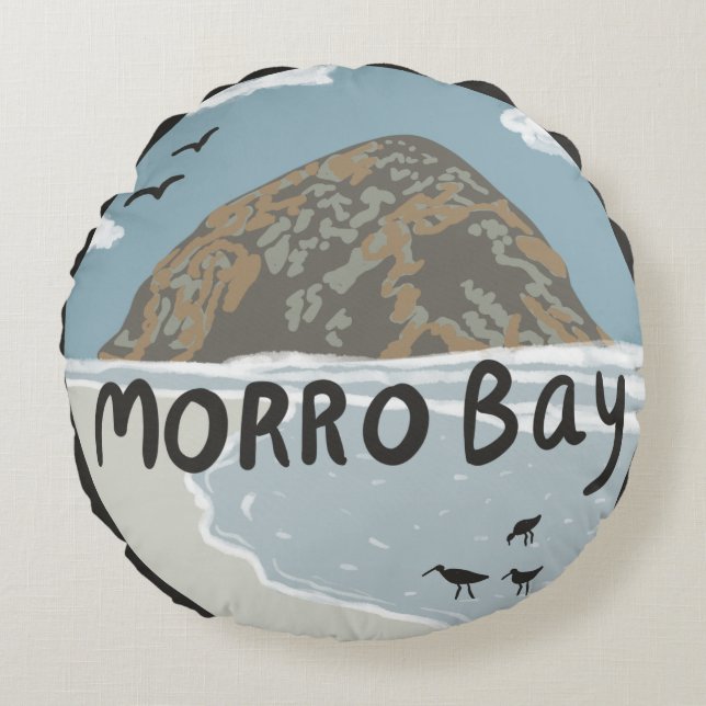 Morro Bay Central California Illustration Beach Rund Kudde (Framsidan)