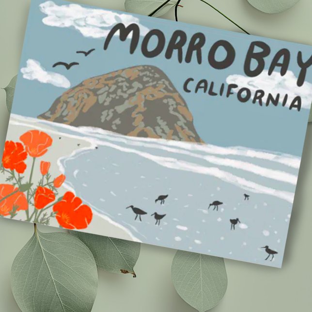 Morro Bay Central California Illustration Beach Vykort (Custom postcard with drawing of beach at Morro Rock. )