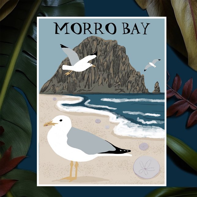 Morro Sten Bay Central California Beach Fiskmåsar Vykort (Morro Rock Bay Central California Beach Seagulls Illustration custom Postcard
)