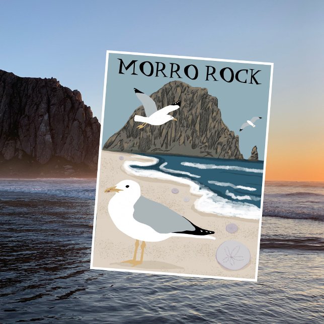 Morro Sten Bay Central California Beach Fiskmåsar Vykort (Morro Rock Bay Central California Beach Seagulls Postcard
)