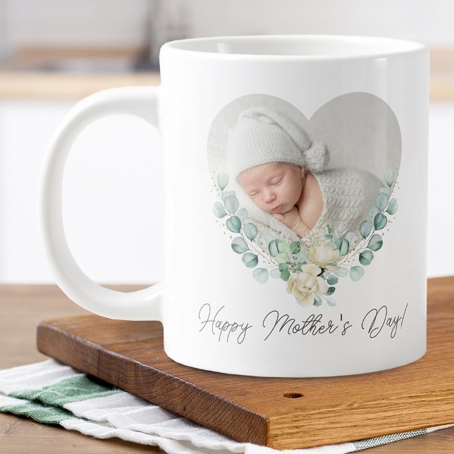 Mors dag 2 Foto Blommig Hjarta Jumbo Mugg (Mother's Day 2 Photo Floral Heart Giant Coffee Mug)