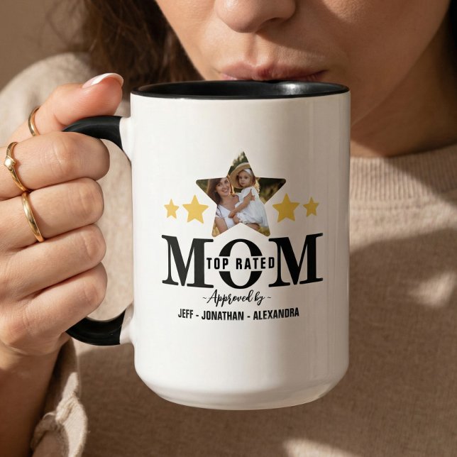 Mors dag 5 stjärnor Mamma Recension Topprankad Mam Mugg (Mother’s Day 5 Star Mom Review Top Rated Mom Photo Mug)