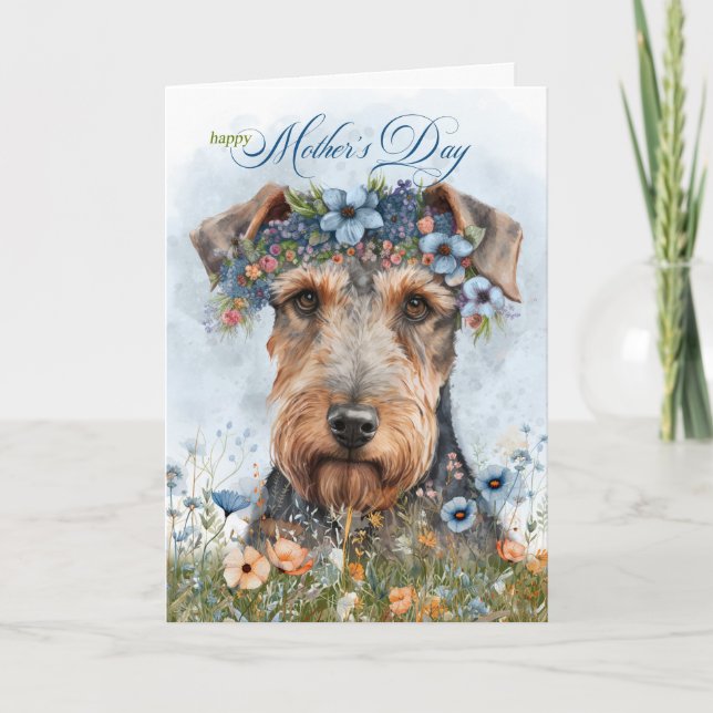 Mors dag Airedale Terrier Hund med Wildblommor Helgkort (Framsida)
