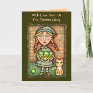 Mors dag Apple Girl & Cat Art Greeting Card Kort