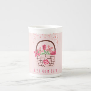 Mors dag,Bästa mamma någonsin, med vacker blomma Benporslin Mugg