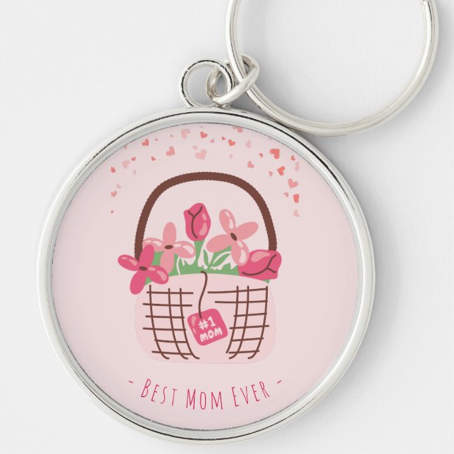 Mors dag,Bästa mamma någonsin, med vacker blomma Rund Silverfärgad Nyckelring (Framsidan)