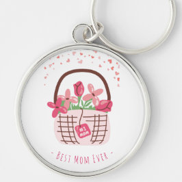 Mors dag,Bästa mamma någonsin, med vacker blomma  Rund Silverfärgad Nyckelring