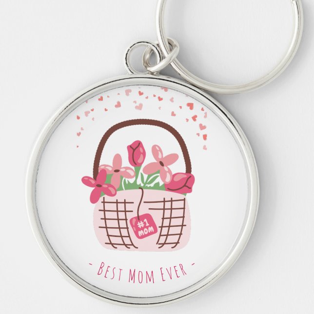 Mors dag,Bästa mamma någonsin, med vacker blomma  Rund Silverfärgad Nyckelring (Framsidan)