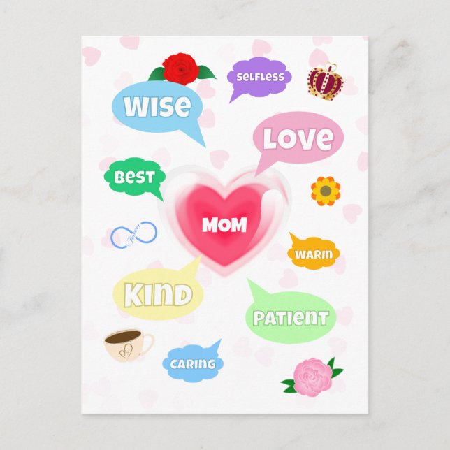 Mors dag Bästa Mamma Ordmoln Drottning Krona Kärle Vykort (Framsida)