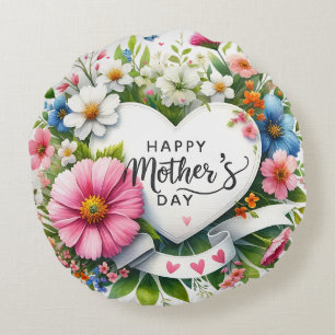 Mors dag Blommigt Heart Rund Kudde