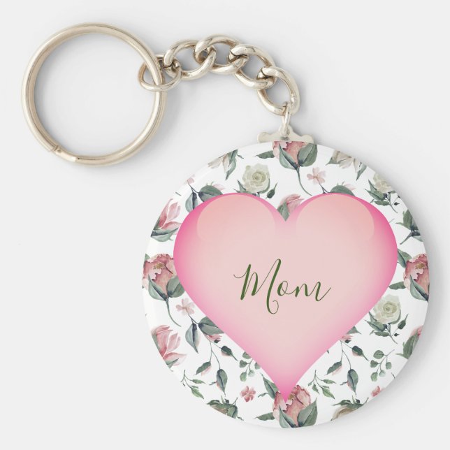 Mors dag Blommigt Modern Rosa Heart Personal Nyckelring (Framsidan)