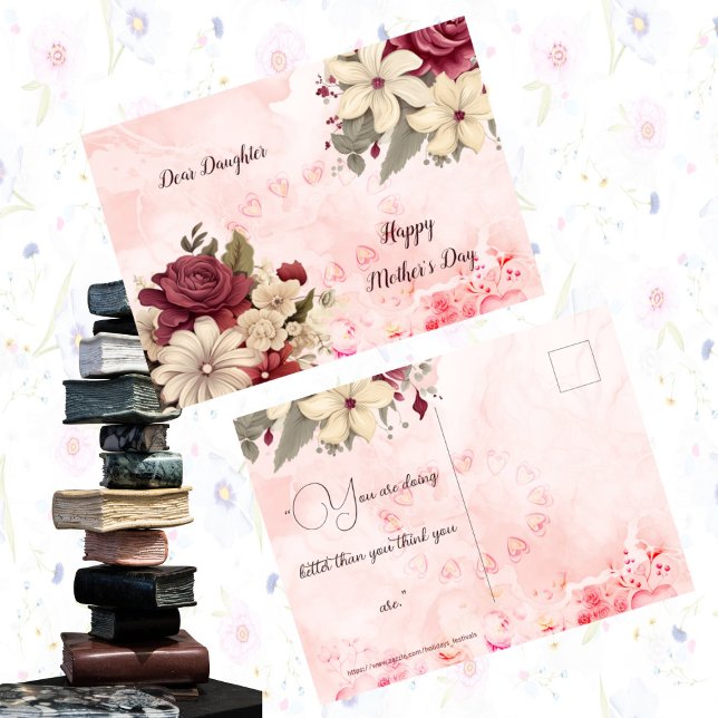 Mors dag Blommigt Rustic Ro Dotter Helg Vykort (Happy Mothers Day Floral Rustic Roses Daughter Holiday Postcard)