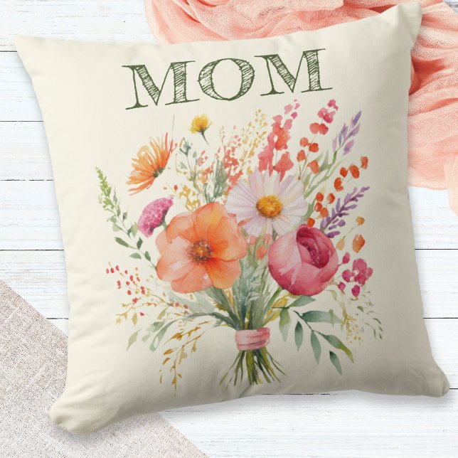Mors dag Blomsterbukett Snygg Mamma Dekor Kudde (A beautiful throw pillow for Mother's Day, with picture of a hand-tied bouquet of flowers)