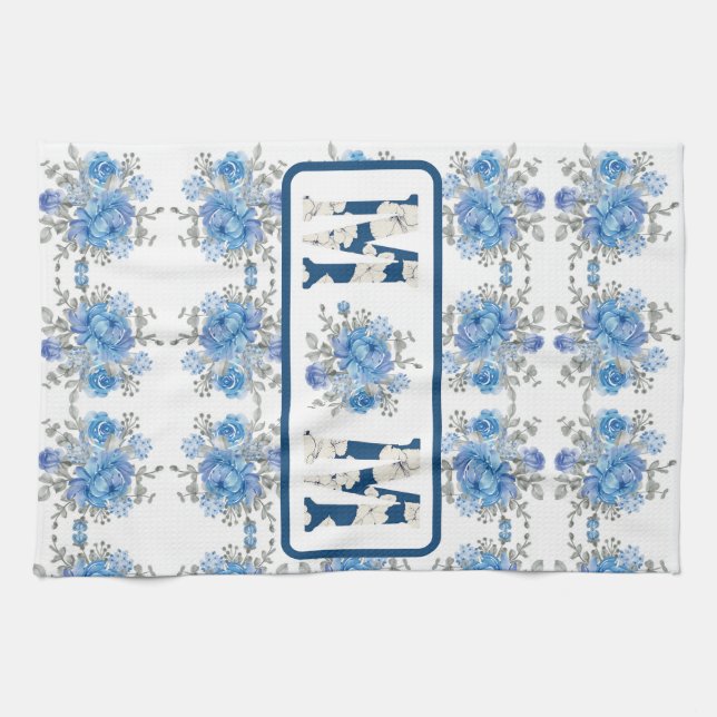 Mors dag Blue Blommigt Mamma Kökshandduk (Horisontell)