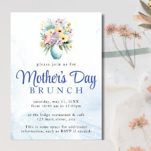 Mors dag Blue Watercolor Brunch Blommigt Inbjudningar