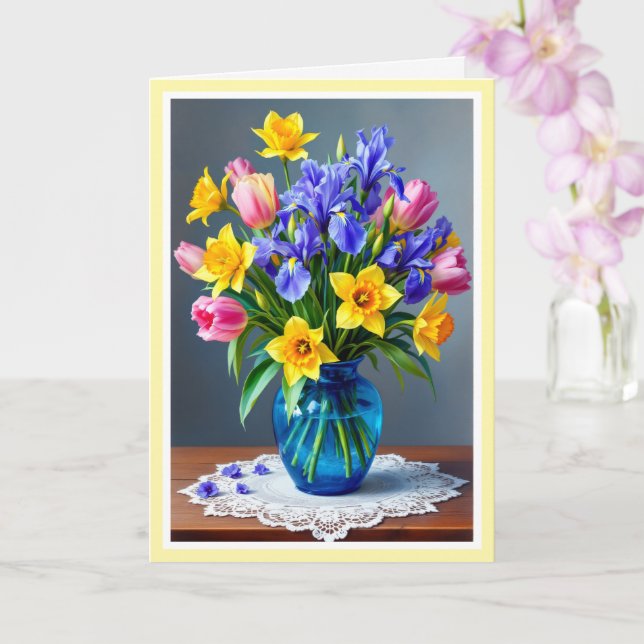 Mors dag Bouquet av Daffodils Iris & Tulips Kort (Orkide)