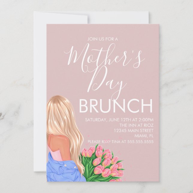 Mors dag Brunch Blommig Rosa Damer Inbjudningar (Framsida)