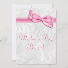 Mors dag Brunch Damask och Rosa Faux Bow Inbjudningar