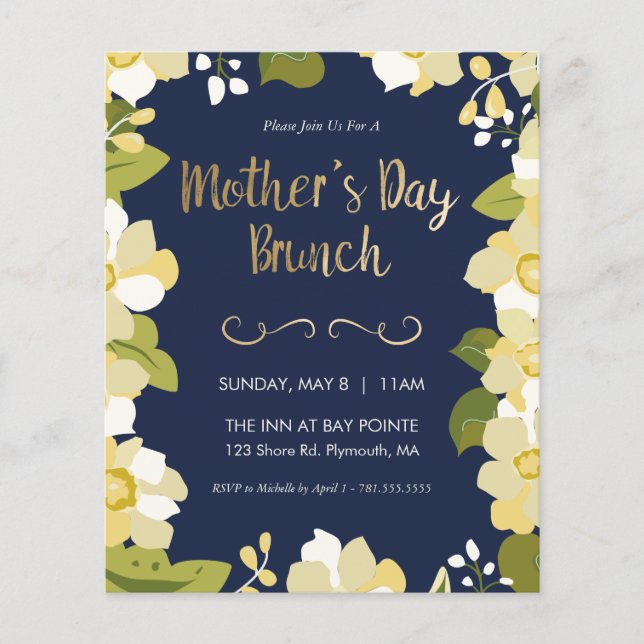 Mors dag Brunch-inbjudan, Blommigt med Guld Inv Flygblad (Framsidan)
