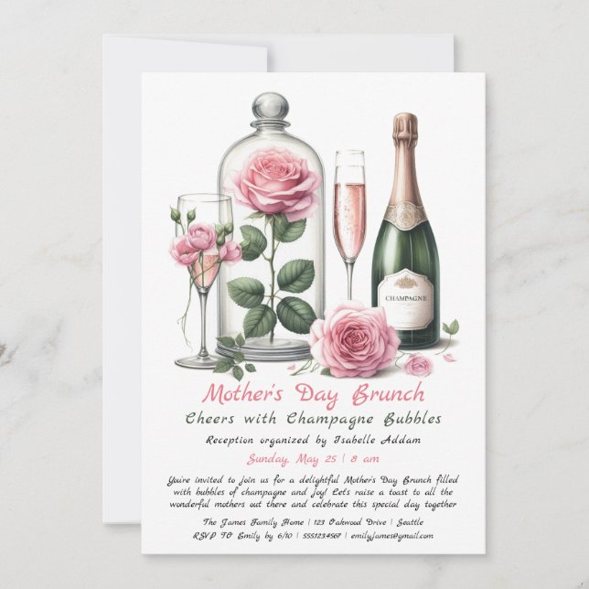 Mors dag Brunch-inbjudan – Champagne & Rosa  Inbjudningar (Framsida)