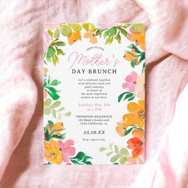 Mors dag brunch med det moderna feta blommigten-sk inbjudningar (Modern bold floral script mother's day brunch invitation)