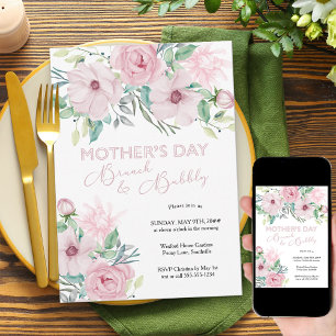 Mors dag Brunch och Rosa Peony Blommigt Bubly Inbjudningar