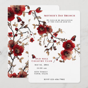 Mors dag Brunch Red Flowers Butterflies Inbjudningar