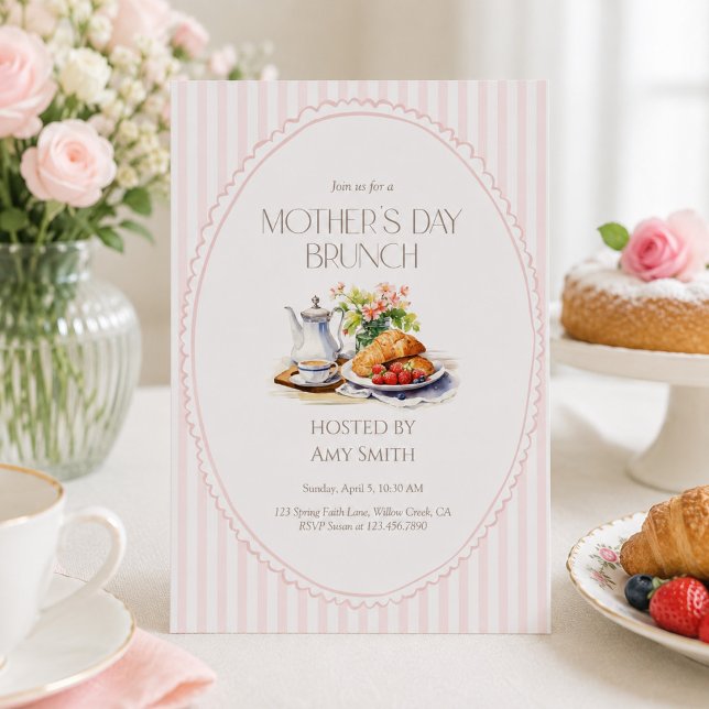 Mors dag Brunch Rosa Ränder Frukost Inbjudningar (Skapare uppladdad)