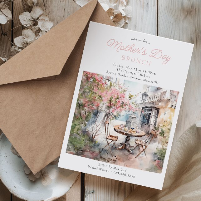 Mors dag Brunch Watercolor Plaza in Bloom Inbjudningar (Mother's Day Brunch Invitation with welcoming watercolor scene of old plaza and blossom tree)