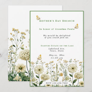 Mors dag Brunch White Flowers Butterflies Inbjudningar