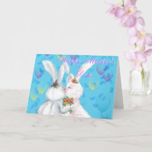 Mors dag Card Cute Bunnies med Flowers Gift Kort