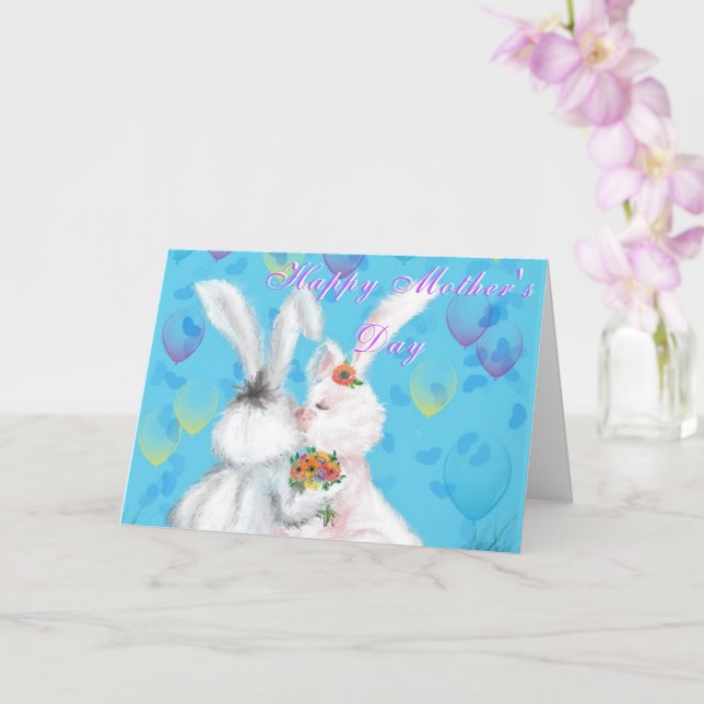 Mors dag Card Cute Bunnies med Flowers Gift Kort (Orkide)