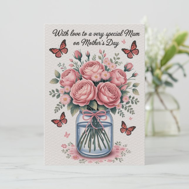 Mors dag Card Rosa Butterflies Flowers Gift Mamma Inbjudningar (Stående Fram)