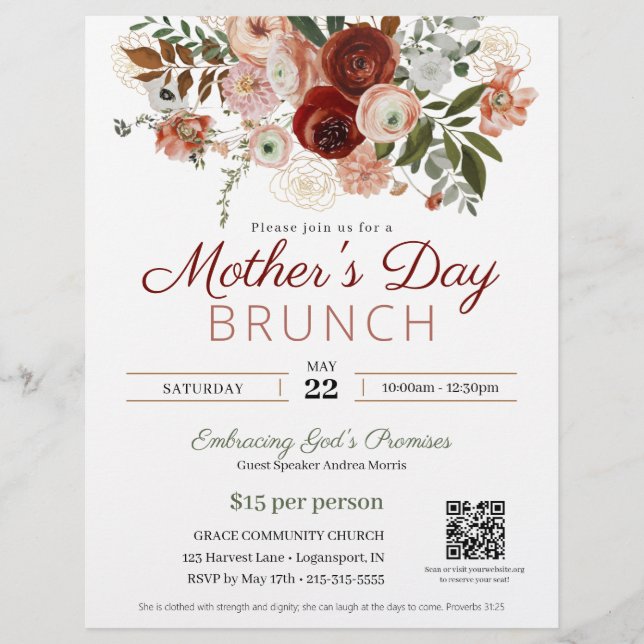 Mors dag Church Brunch Elegant Rosa Blommigt  Reklamblad (Framsidan)