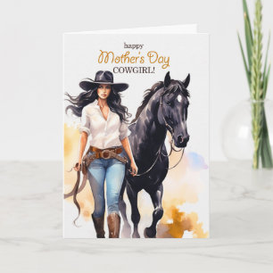 Mors dag Cowgirl och svart häst Helgkort