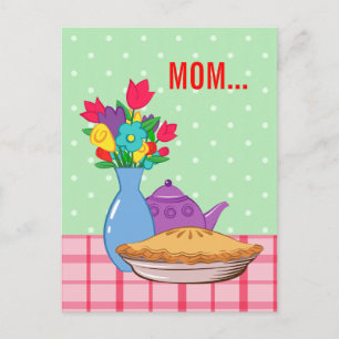 Mors dag-design med blomma, paj och tekanna vykort