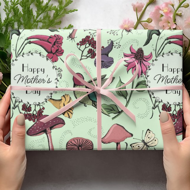 Mors dag Enchanted Vår Garden Grönt Presentpapper (Beautiful Enchanted Garden Floral Mother's Day Wrapping Paper: hummingbird, mushroom, wildfowers...)