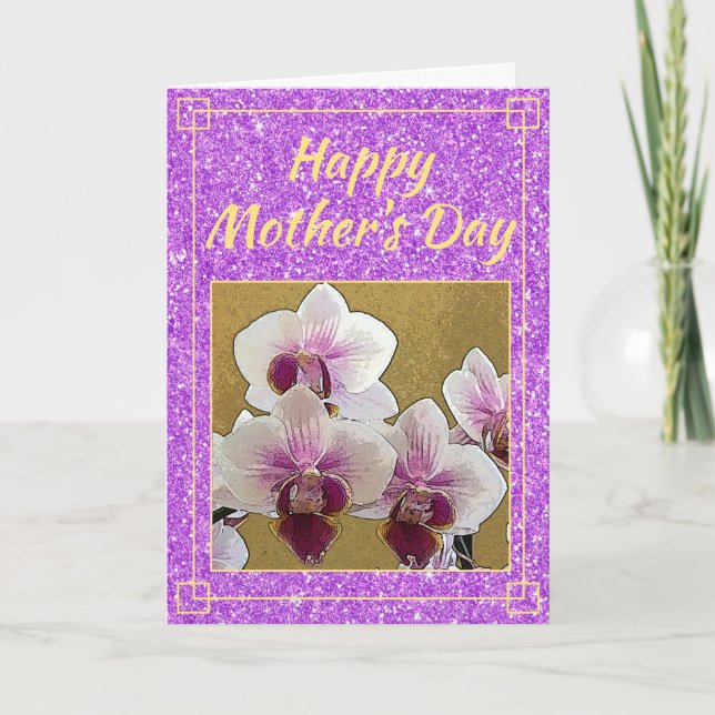 Mors dag flickig lila glitter blommor foto kort (Framsida)