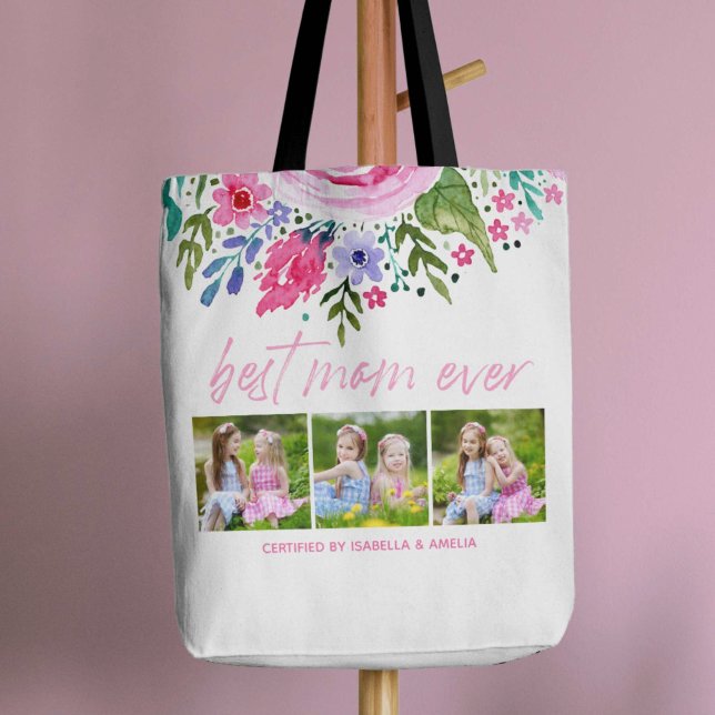 Mors dag-foto med bästa Mamma någonsin vattenfärge Tygkasse (Best Mom Ever Watercolor Floral Mothers Day Photo Tote Bag)