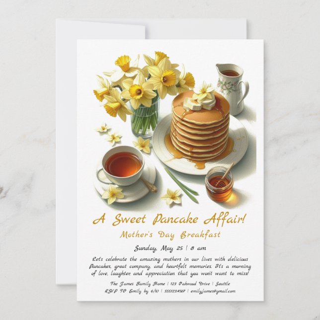 Mors dag frukost – pannkakor & påskliljor inbjudningar (Framsida)
