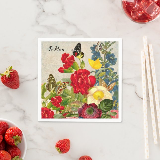Mors dag Garden Carnations Ro Butterflies Pappersservett (Insitu)