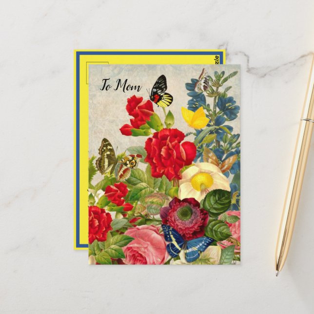 Mors dag Garden Carnations Ro Butterflies Vykort (Fram/Back In Situ)