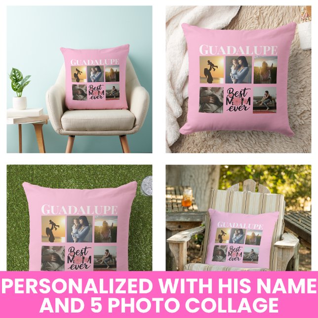 Mors dag-gåvor Foto Collage Monogram Skript Kudde (Mothers Day Gifts Photo Collage Monogrammed Script Throw Pillow)