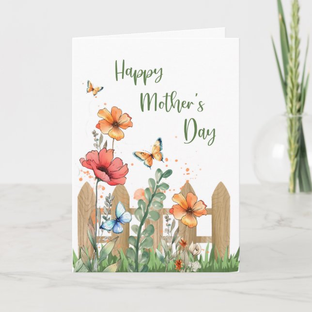 Mors dag glada blommor och fjärilar kort (Framsida)